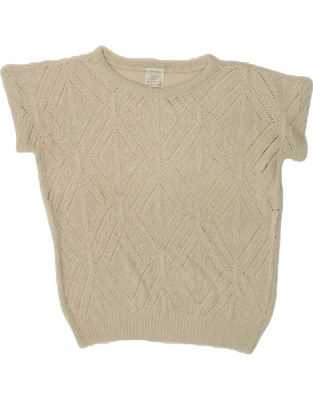 VINTAGE Womens Short Sleeve Crew Neck Jumper Sweater IT 42 Medium Beige Real Fur Shearling Chenille VINTAGE Womens Short Sleeve Crew Neck Jumper Sweater IT 42 Medium Beige Real Fur Shearling Chenille