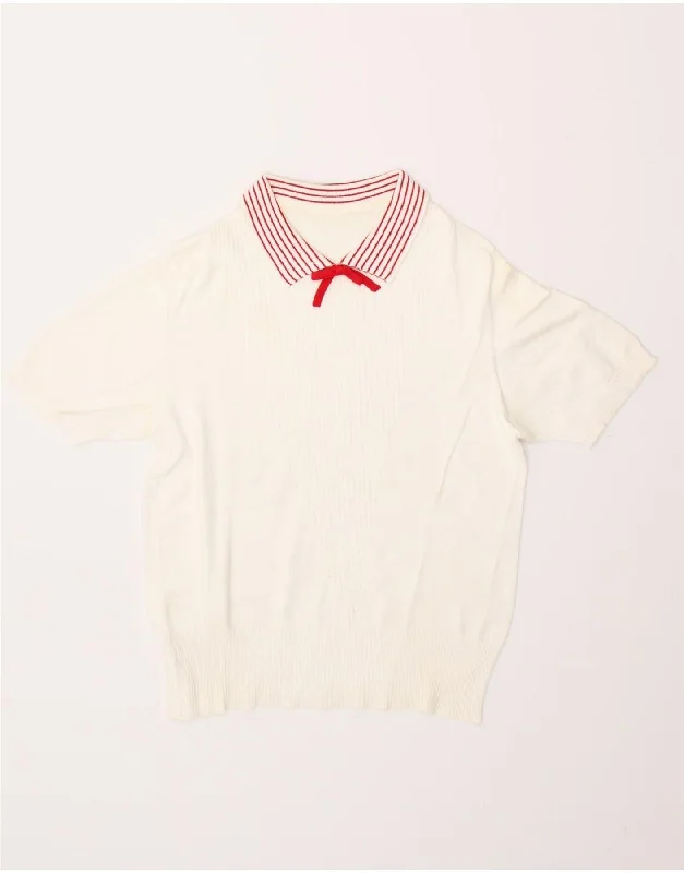 VINTAGE Womens Short Sleeve Polo Neck Jumper Sweater UK 12 Medium White Ribbed Striped Patterned VINTAGE Womens Short Sleeve Polo Neck Jumper Sweater UK 12 Medium White Ribbed Striped Patterned
