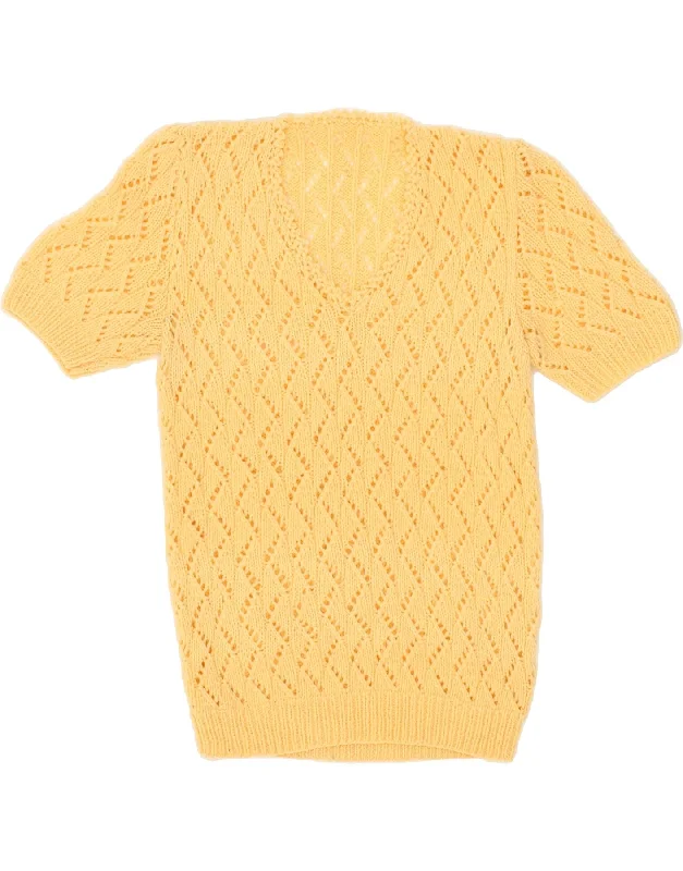 VINTAGE Womens Short Sleeve V-Neck Jumper Sweater UK 10 Small Yellow Sequined Glittery Shiny VINTAGE Womens Short Sleeve V-Neck Jumper Sweater UK 10 Small Yellow Sequined Glittery Shiny