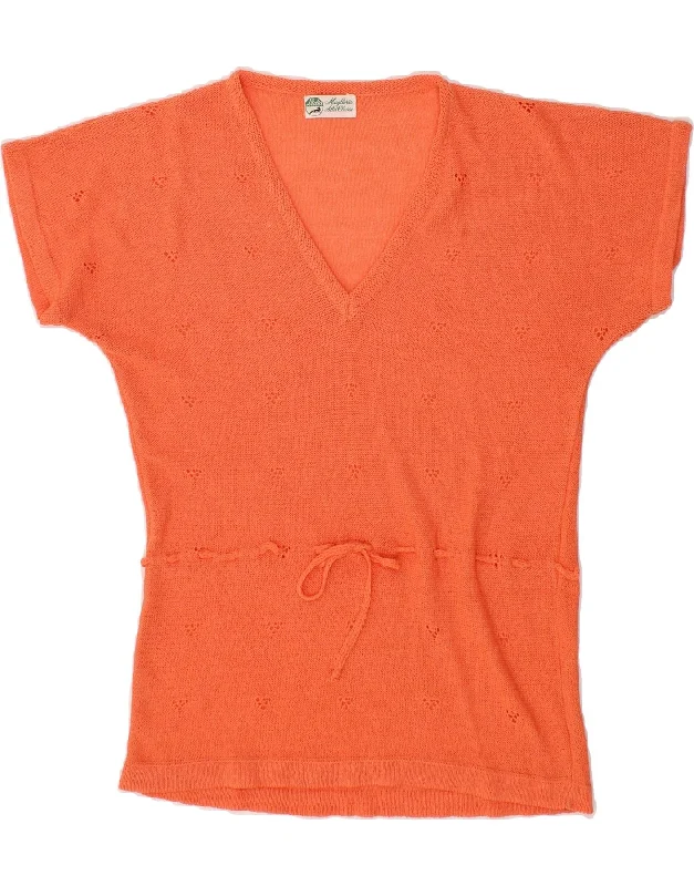 VINTAGE Womens Short Sleeve V-Neck Jumper Sweater UK 12 Medium Orange Open Front Closed Front Wrap Front VINTAGE Womens Short Sleeve V-Neck Jumper Sweater UK 12 Medium Orange Open Front Closed Front Wrap Front