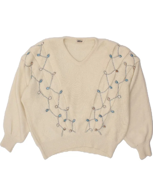VINTAGE Womens V-Neck Jumper Sweater EU 42 Large Off White Wool Handmade Hand-knitted Hand-woven VINTAGE Womens V-Neck Jumper Sweater EU 42 Large Off White Wool Handmade Hand-knitted Hand-woven