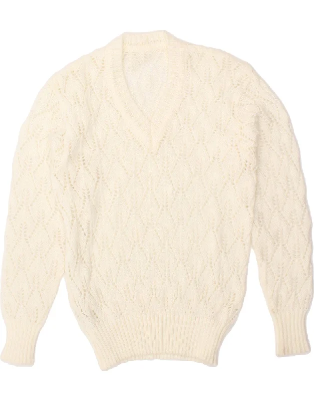 VINTAGE Womens V-Neck Jumper Sweater UK 14 Large White Polyacrylic Chenille Blend Fleece Blend Nylon Blend VINTAGE Womens V-Neck Jumper Sweater UK 14 Large White Polyacrylic Chenille Blend Fleece Blend Nylon Blend