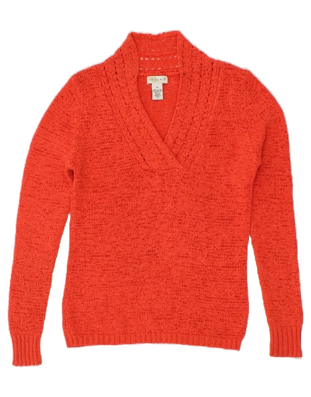 VINTAGE Womens V-Neck Jumper Sweater UK 14 Medium Orange Flecked Cotton Graphic Sweater Embroidered Appliqued VINTAGE Womens V-Neck Jumper Sweater UK 14 Medium Orange Flecked Cotton Graphic Sweater Embroidered Appliqued