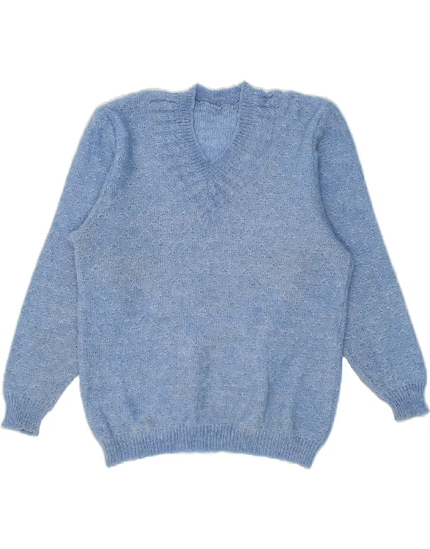 VINTAGE Womens V-Neck Jumper Sweater UK 16 Large Blue Print Jacquard Patchwork