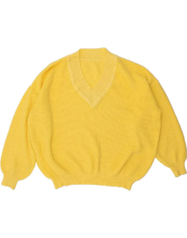 VINTAGE Womens V-Neck Jumper Sweater UK 22 3XL Yellow Stylish Fashionable Trendy
