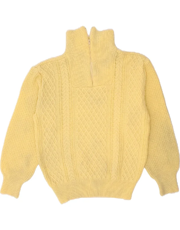 VINTAGE Womens Zip Neck Jumper Sweater UK 14 Medium Yellow Stretchy Elastic Breathable