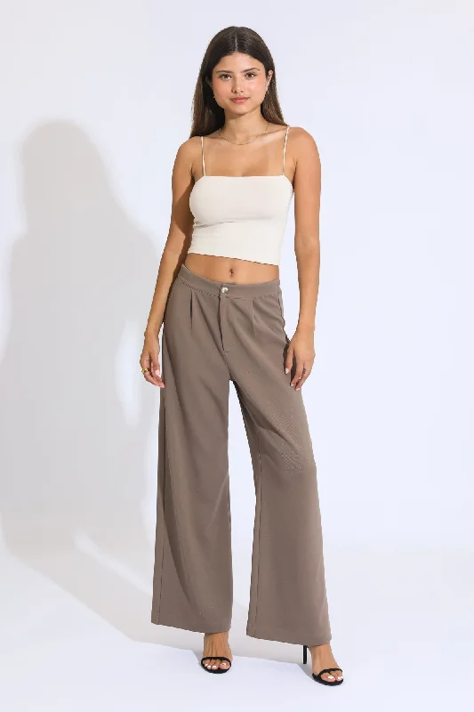Aubrey Pleated Wide Leg Trousers - Wrinkle Resistant Light Brown Trousers Running Lightweight