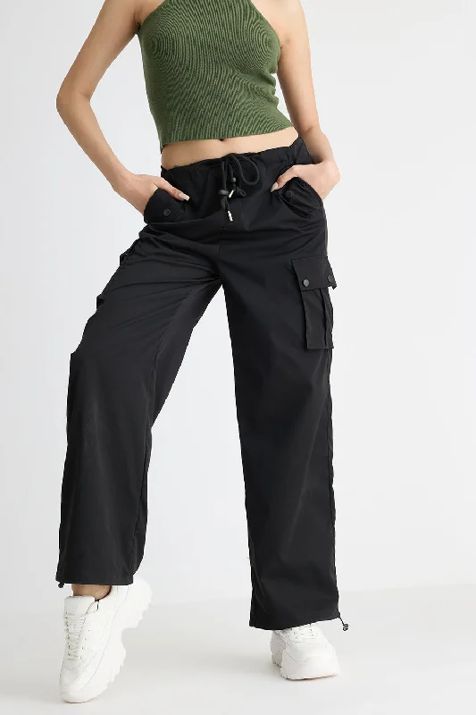 Black Wide Leg Cargo Trouser Trousers Seasonal Trendy