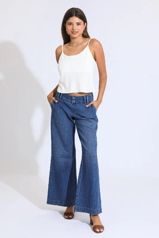 Mia Wide Leg A-Line Trouser - Medium Indigo Trousers Silk Elegant