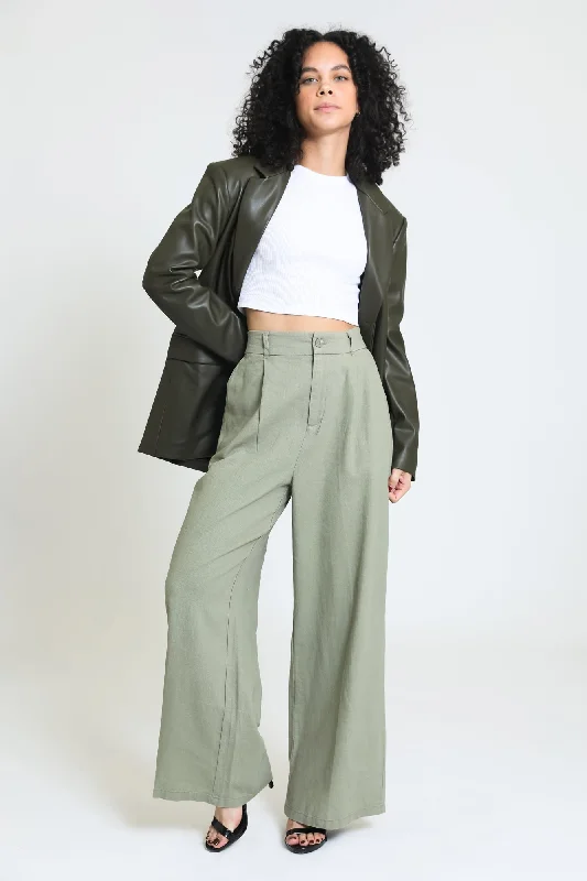 PLEATED WIDE LEG TROUSER - SAGE LEAF Trousers Custom Made