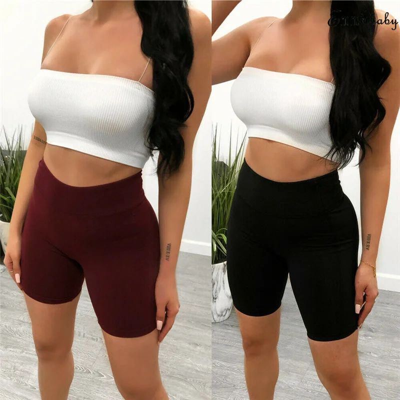 Sexy Women Shorts Summer Solid Color High Waist Skinny Stretch Biker Shorts Fitness Short Trousers Elastic Waist Ladies Trousers Trousers Chinos Classic