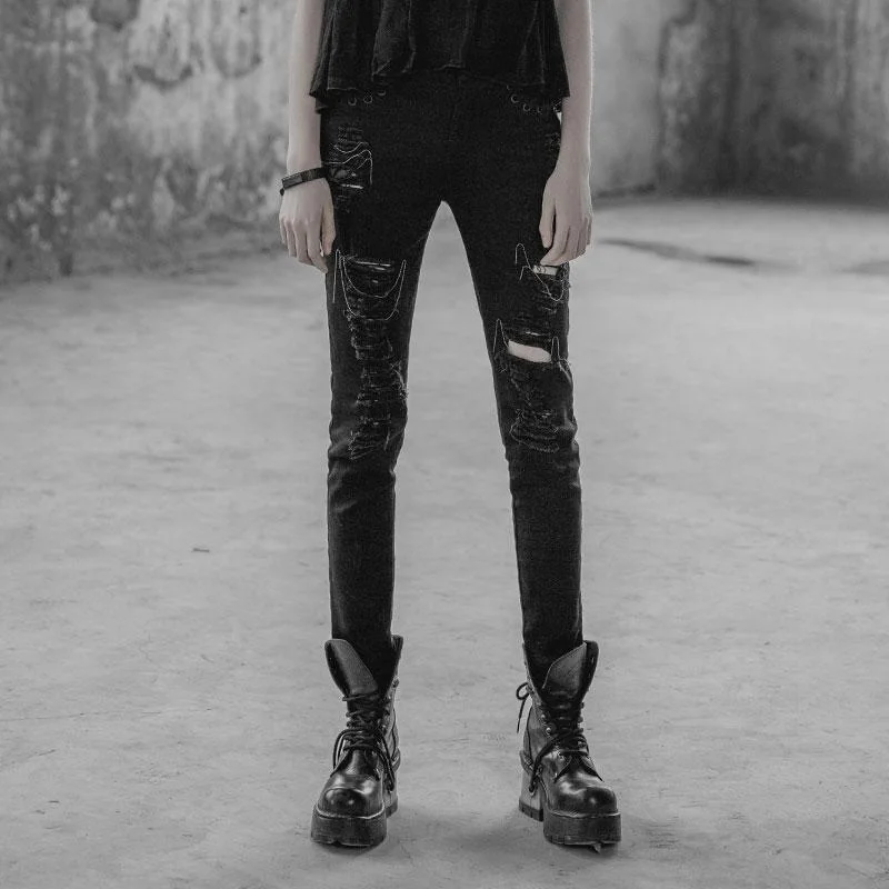 Women's Punk Distressed Slim-Fit Trousers High Waist Slim Fit Ankle Length