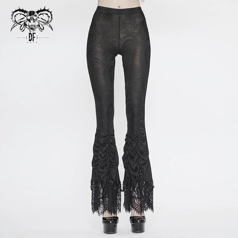 Women's Vintage Gothic Black Laced Trimmed Flared Trousers Trousers Corduroy Warm