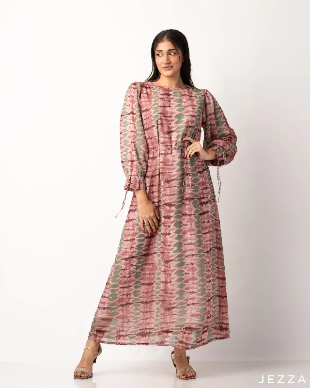 Ankle Length Dress With Decorative Sleeves & Tie Up Belt 57822