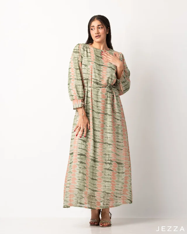 Ankle Length Dress With Decorative Sleeves & Tie Up Belt 57824