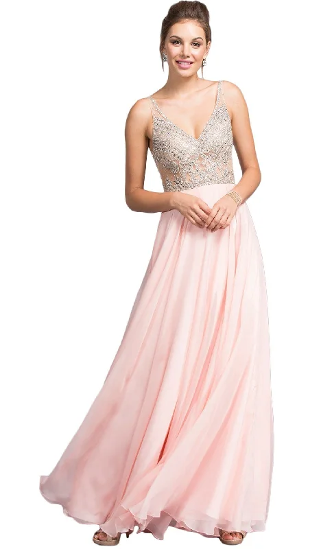 Aspeed Design - Embellished Plunging V-neck A-line Prom Dress