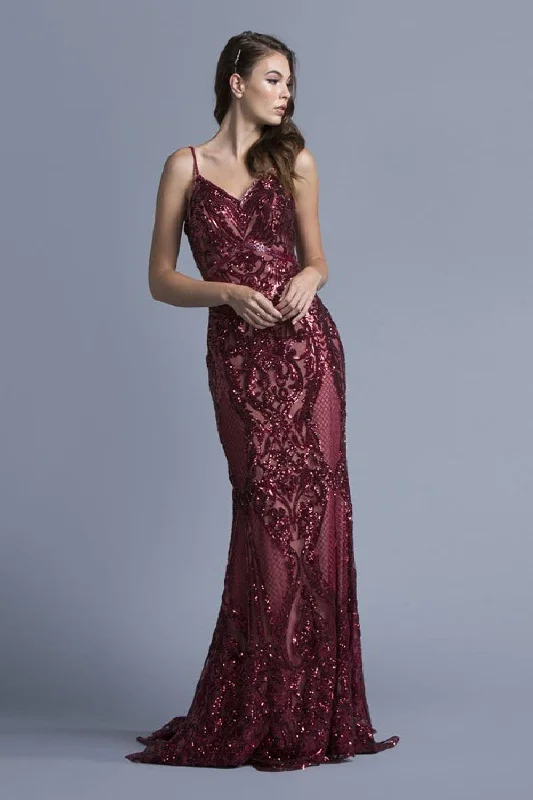 Aspeed Design -L1982 V-Neck Sequin Embellished Sheath Dress