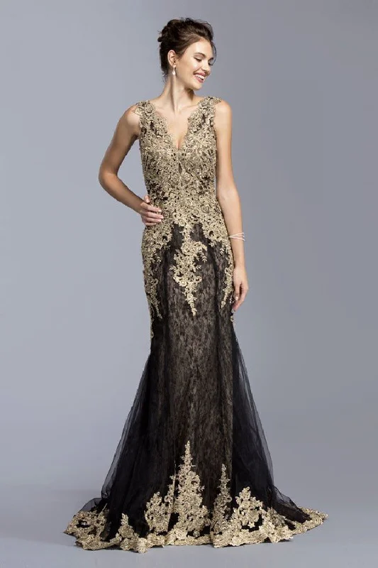 Aspeed Design -L2009 V-Neck Applique Mermaid Dress