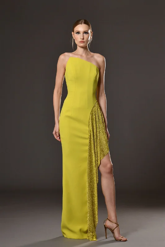 Asymmetric neckline crepe dress