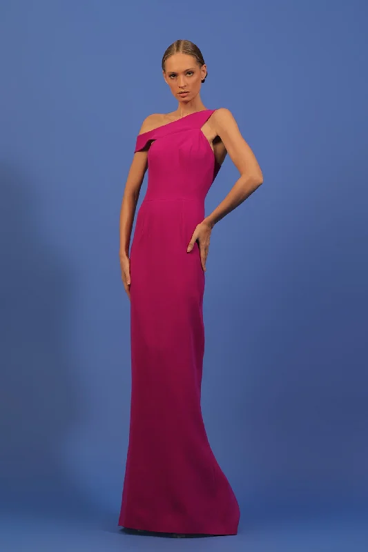 Asymmetrical neckline crepe column gown