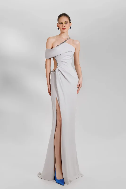 Asymmetrical neckline crepe dress with beadings