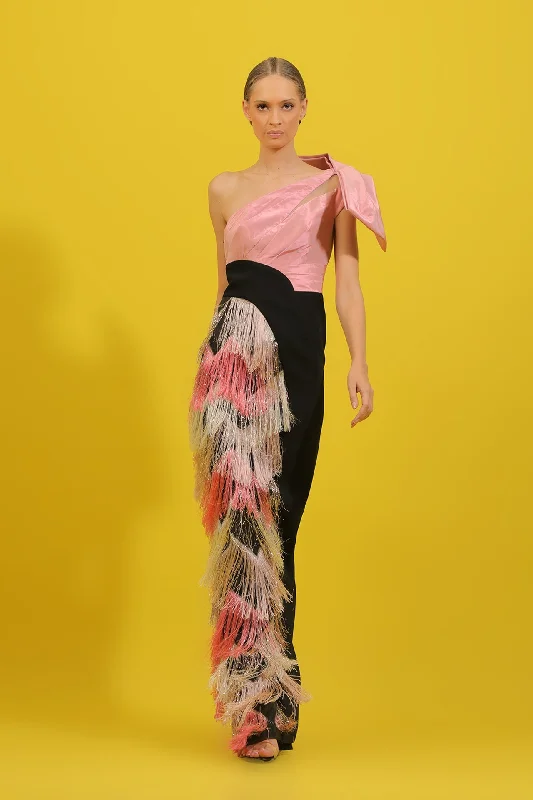 Asymmetrical neckline crepe dress with feathers
