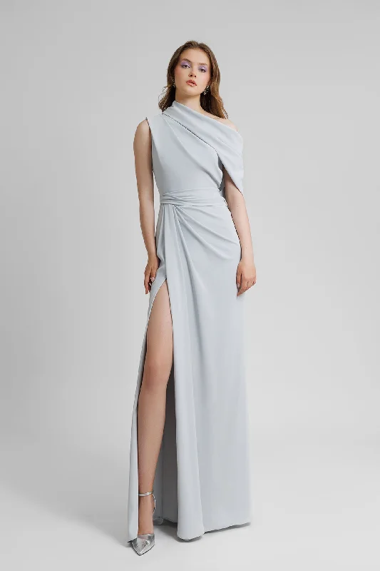 Asymmetrical neckline high slit dress