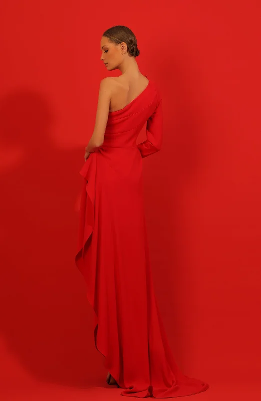 Asymmetrical neckline one sleeve crepe dress