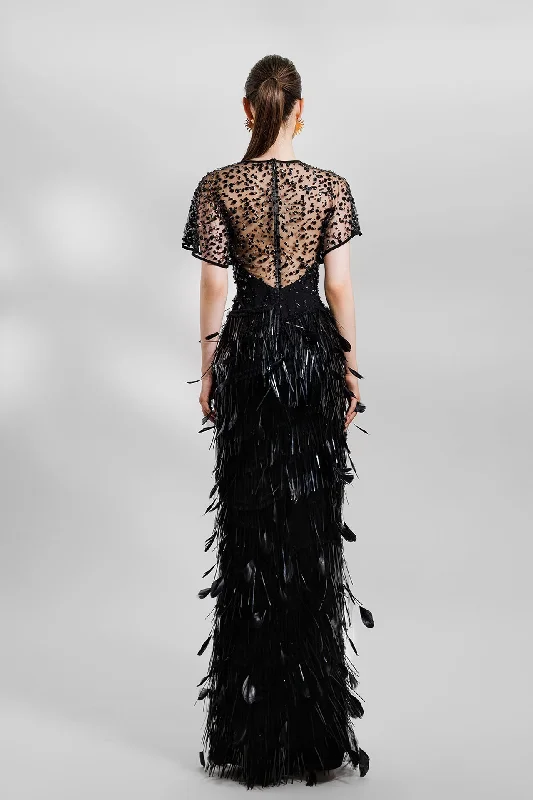 Beaded corset slimccut feather dress