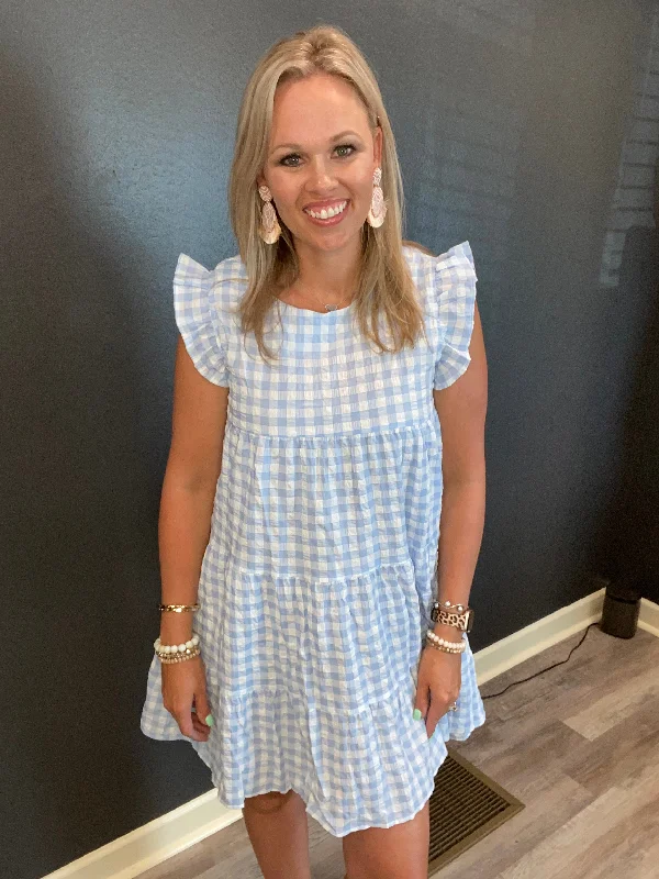 Blue White Gingham Tiered Dress