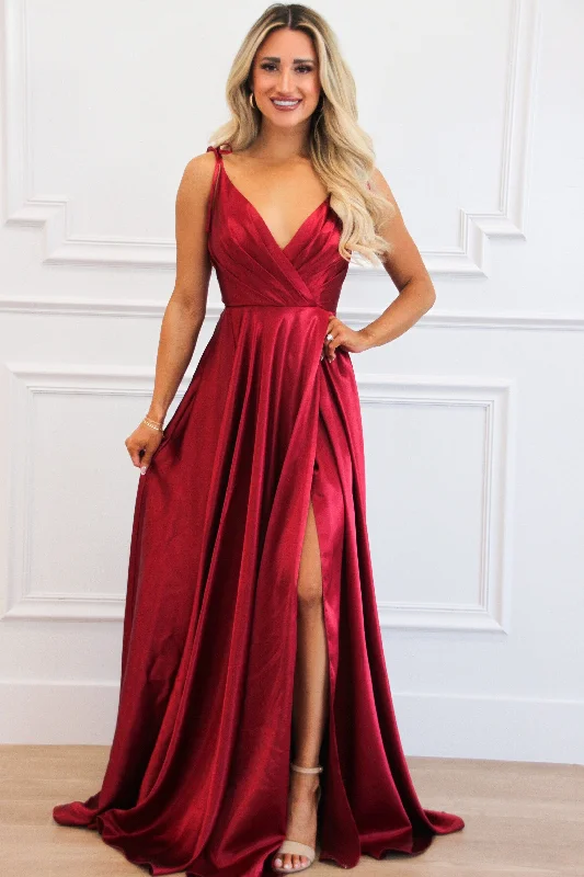 Born to Love You Satin Slit Formal Dress: Burgundy