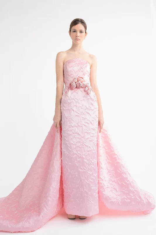 Brocade dress with flowers and train