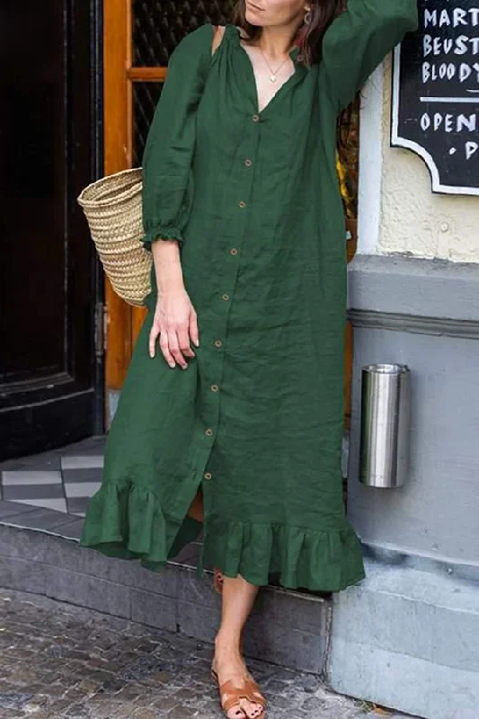 Casual Solid Buckle Flounce Stringy Selvedge Collar A Line Dresses
