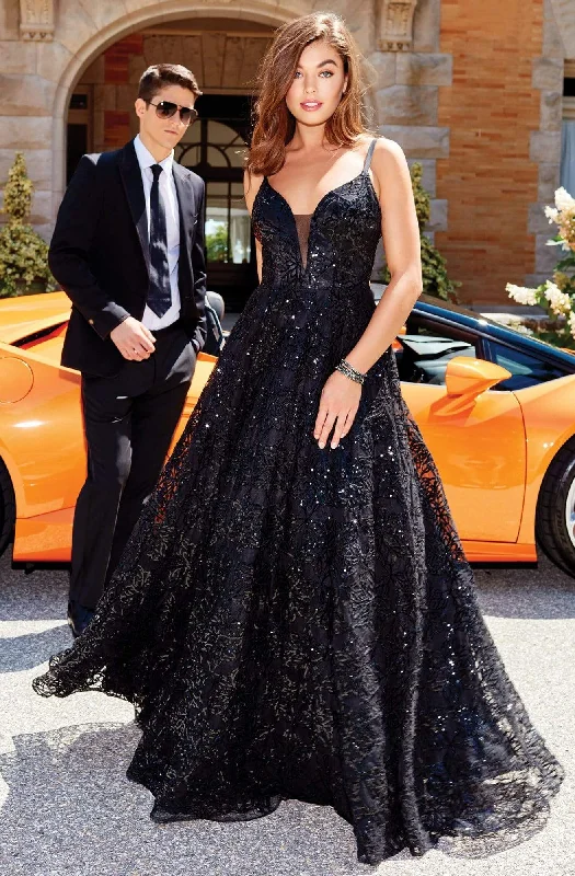 Clarisse - 5042 Sequined Deep V-neck A-line Dress