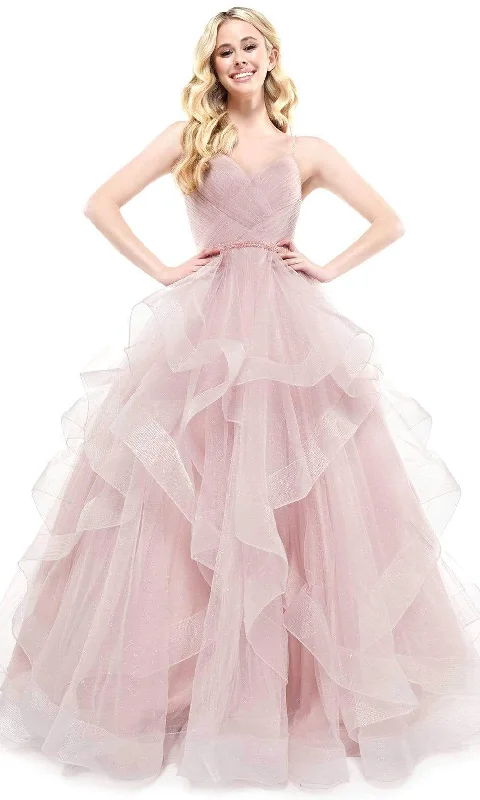 Colors Dress - 2381 V Neck Glitter Mesh Ballgown