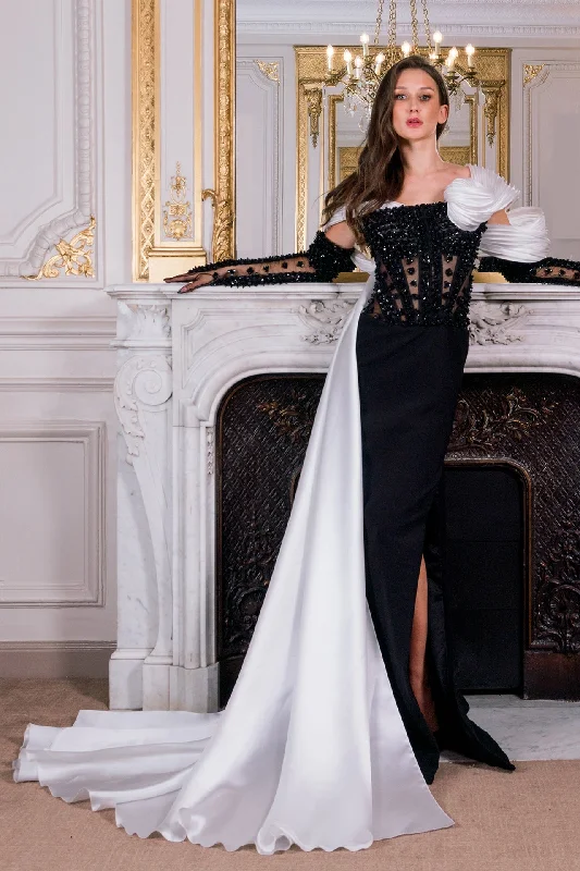 Crepe and organza dress with beaded stones