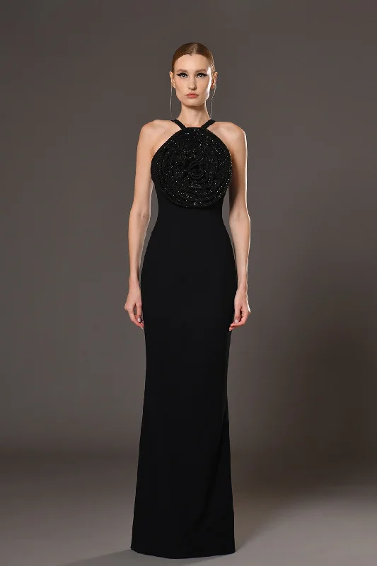 Crepe dress with chainmill crystal flower