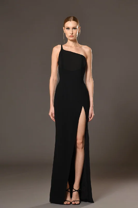 Crepe dress with leaves embroidery