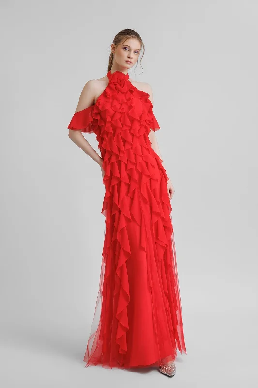 Crepe georgette dress featuring laser-cut embellishments