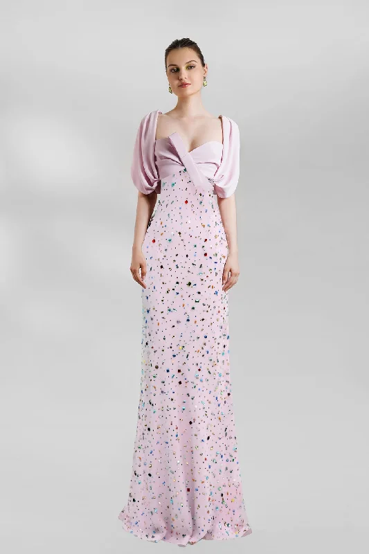 Draped bodice beaded gown