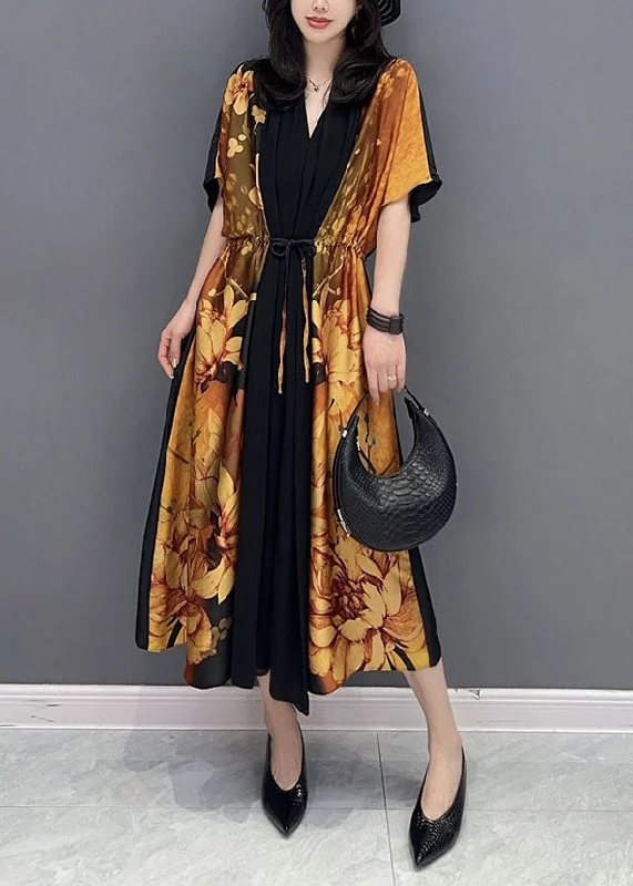 Elegant Yellow V Neck Print Wrinkled Drawstring Patchwork Silk Dress Summer
