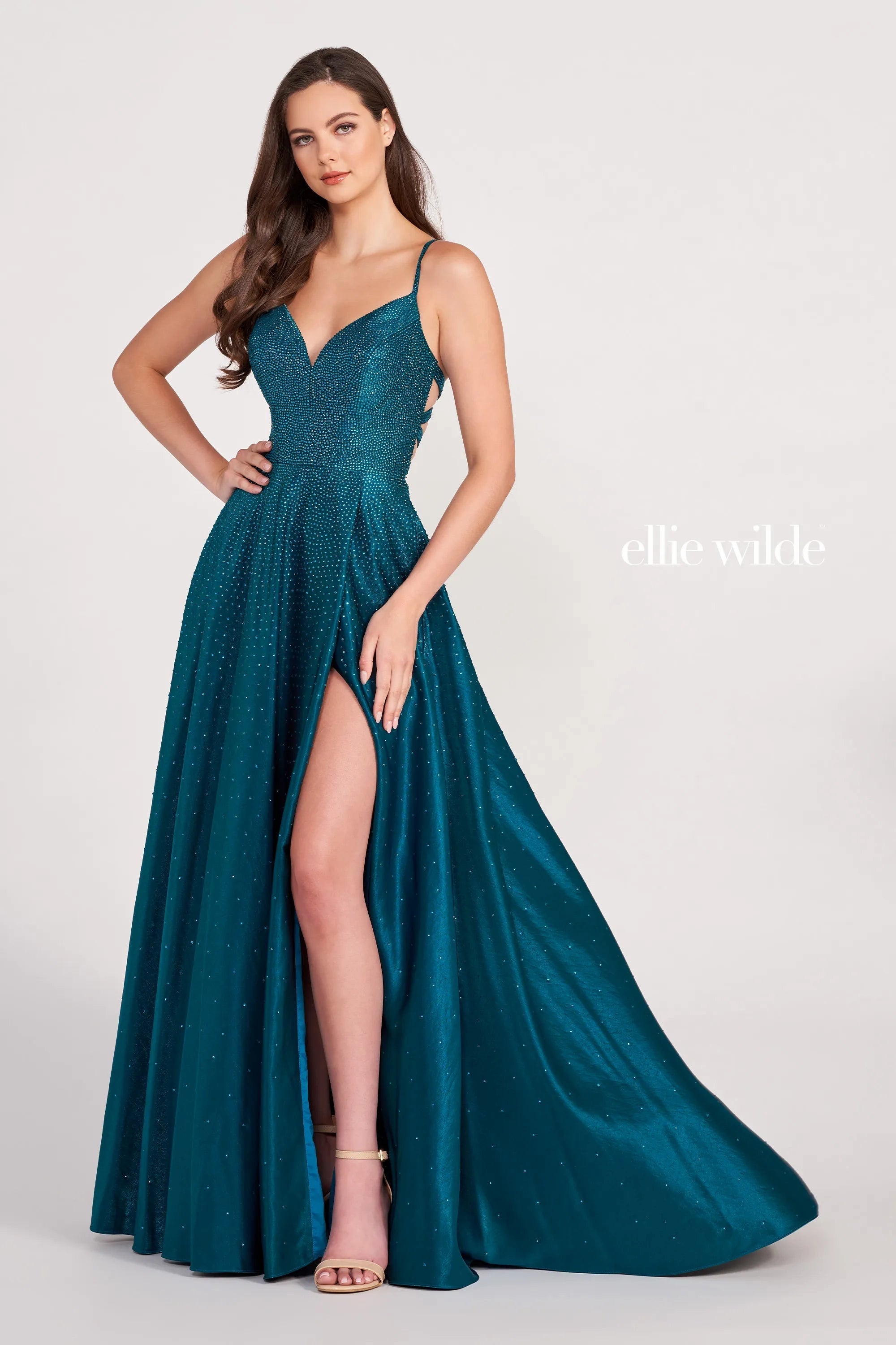 Ellie Wilde EW121001 Strappy Open Back Crystal Studded Satin Gown
