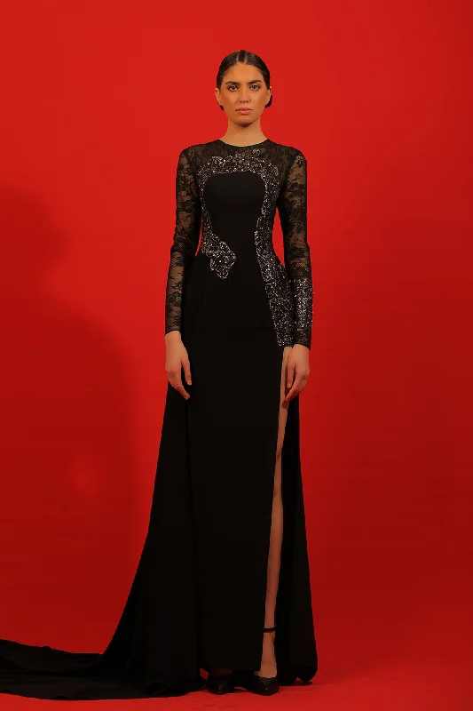 Embroidered bodice high slit crepe gown