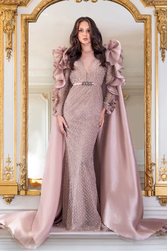 Embroidered tulle dress with organza ruffles