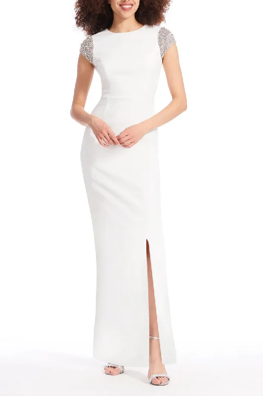 Emily Shalant Boat Neck Short Crystal Cap Sleeves Back Zipper Long Gown