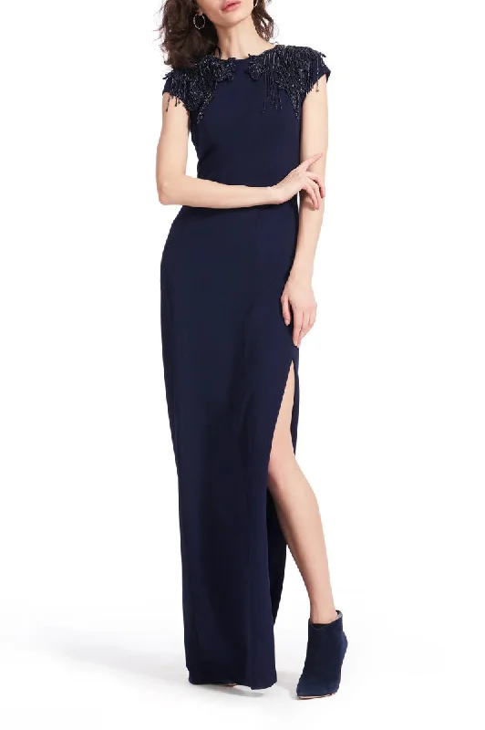 Emily Shalant Crew Neck Short Beaded Fringed Sleeves Back Zipper Side Open Slit Long Gown