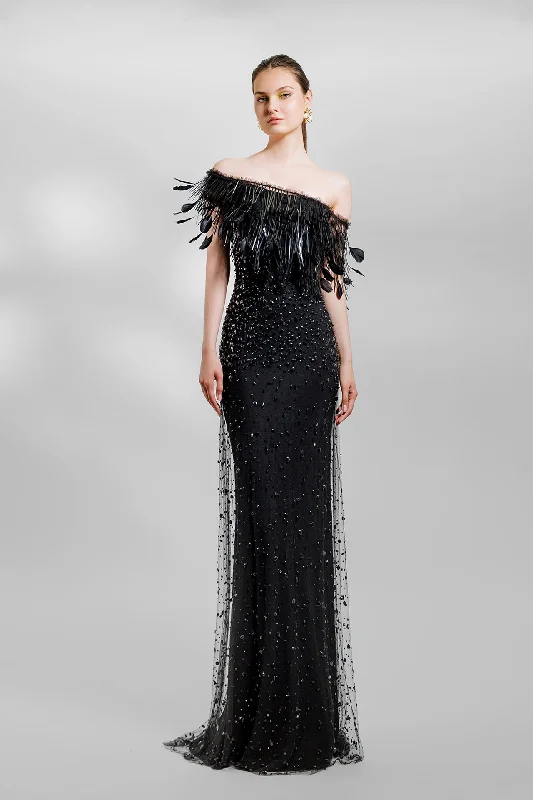 Fully beaded dress with feathers