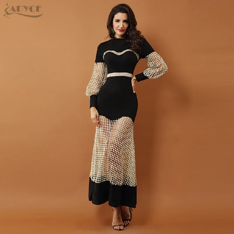 Gown Black Lace Hollow Out Mesh Dress