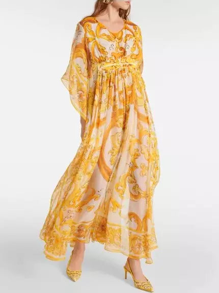 Italian Printed Backless Long Chiffon Dress