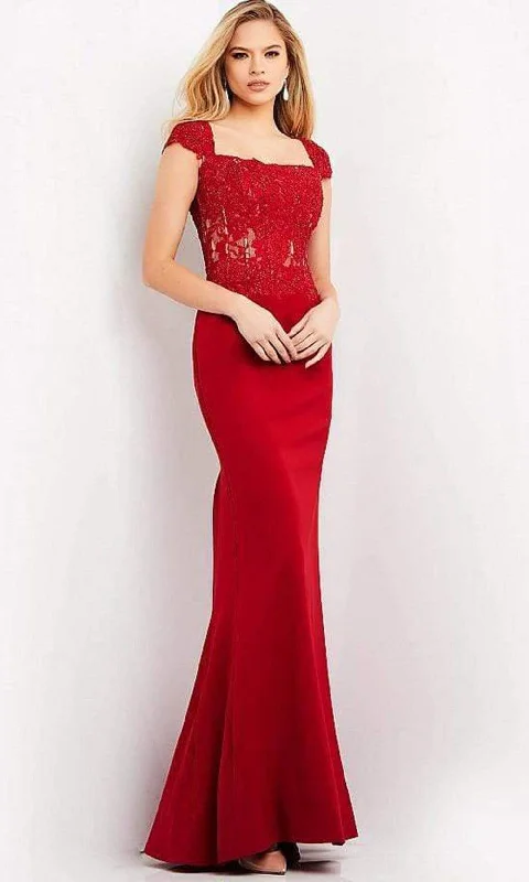 Jovani - 06825 Square Neck Lace Sheath Evening Gown